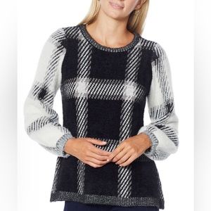 DG2 by Diane Gilman Plaid Lantern-Sleeve Jacquard Sweater (Black, XSmall)